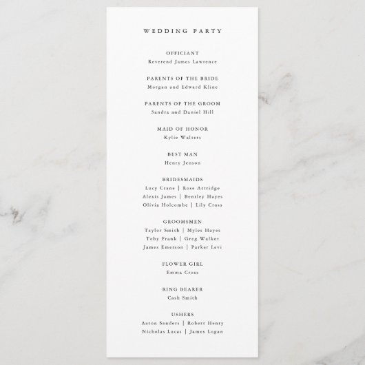 Eenvoudig minimalistisch zwart-wit huwelijk programmakaart (Achterkant)