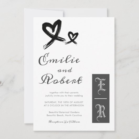 Eenvoudig minimalistisch zwart-wit monogram huweli kaart (Voorkant)