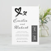 Eenvoudig minimalistisch zwart-wit monogram huweli kaart (Staand voorkant)