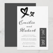 Eenvoudig minimalistisch zwart-wit monogram huweli kaart (Voorkant / Achterkant)