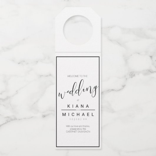 Eenvoudig minimalistische bruiloft Welkom, zwarte Flessenhanger (Voorkant)