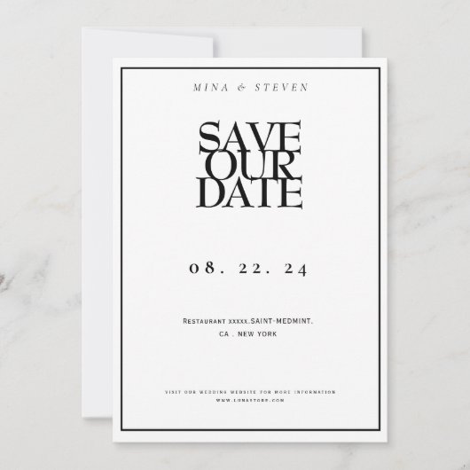 Eenvoudig minimalistische zwarte en witte bruiloft save the date (Voorkant)