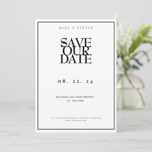Eenvoudig minimalistische zwarte en witte bruiloft save the date (Staand voorkant)
