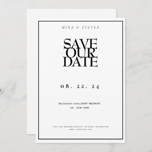 Eenvoudig minimalistische zwarte en witte bruiloft save the date (Voorkant / Achterkant)