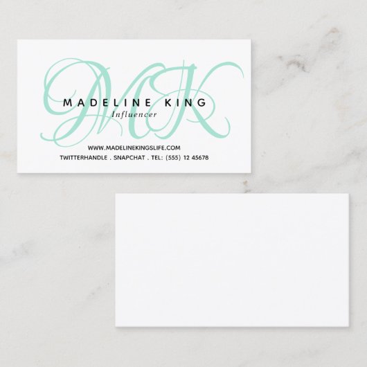 Eenvoudig Mint White Monogram Visitekaartje (Voorkant / Achterkant)