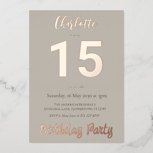 Eenvoudig modern 15e verjaardagsfeestje folie uitnodiging (Voorkant)