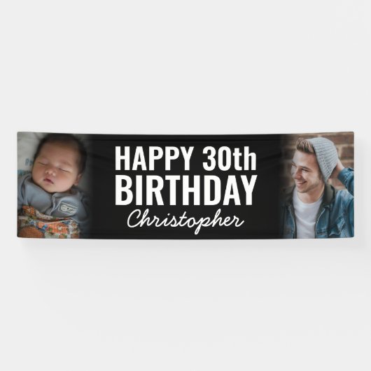 Eenvoudig Modern 2-fotoscript Happy Birthday Party Spandoek (Horizontaal)