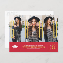 Eenvoudig Modern 3 foto rood Afstuderen aankondigi Briefkaart