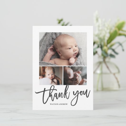 Eenvoudig Modern 3 Fotocollage Baby Foto Bedankkaart (Staand voorkant)
