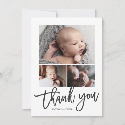 Eenvoudig Modern 3 Fotocollage Baby Foto Bedankkaart (Voorkant)