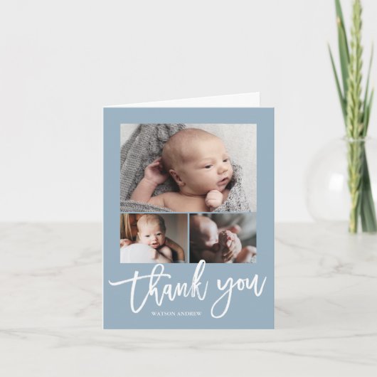 Eenvoudig Modern 3 Fotocollage Baby Foto Bedankkaart (Voorkant)