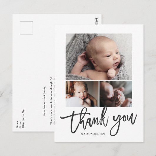 Eenvoudig Modern 3 Fotocollage Baby Foto Dank u Briefkaart (Voorkant / Achterkant)