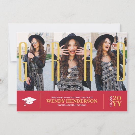 Eenvoudig Modern 3 Fotocollage Rood Afstuderen Aankondiging (Voorkant)