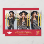 Eenvoudig Modern 3 Fotocollage Rood Afstuderen Aankondiging (Voorkant / Achterkant)