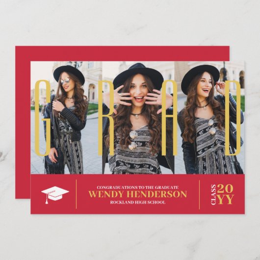Eenvoudig Modern 3 Fotocollage Rood Afstuderen Aankondiging (Voorkant / Achterkant)