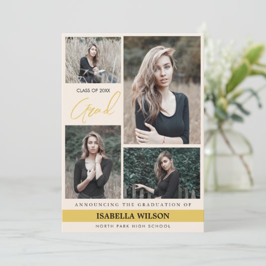 Eenvoudig Modern 4 Fotocollage Beige Afstuderen Aankondiging (Staand voorkant)