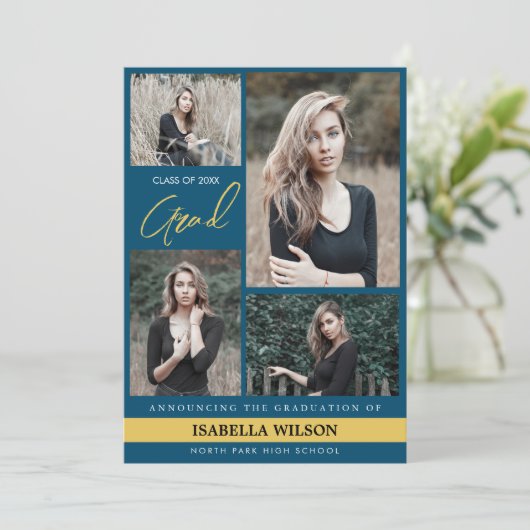 Eenvoudig Modern 4 Fotocollage Blauw Afstuderen Aankondiging (Staand voorkant)