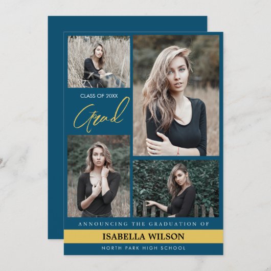 Eenvoudig Modern 4 Fotocollage Blauw Afstuderen Aankondiging (Voorkant / Achterkant)