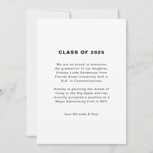 Eenvoudig modern Afstuderen Fotoscript Aankondiging (Achterkant)