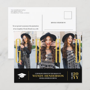 Eenvoudig Modern Afstuderen zwart 3 foto aankondig Briefkaart