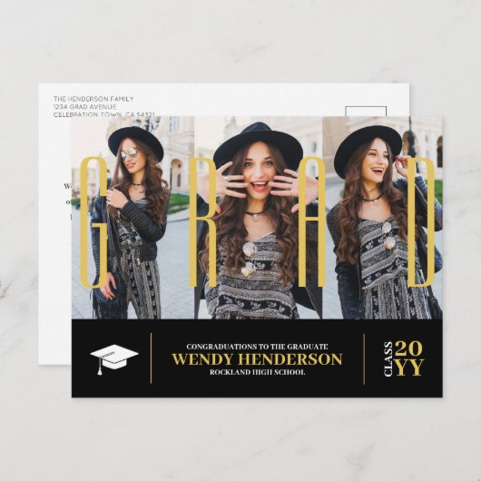 Eenvoudig Modern Afstuderen zwart 3 foto aankondig Briefkaart (Voorkant / Achterkant)