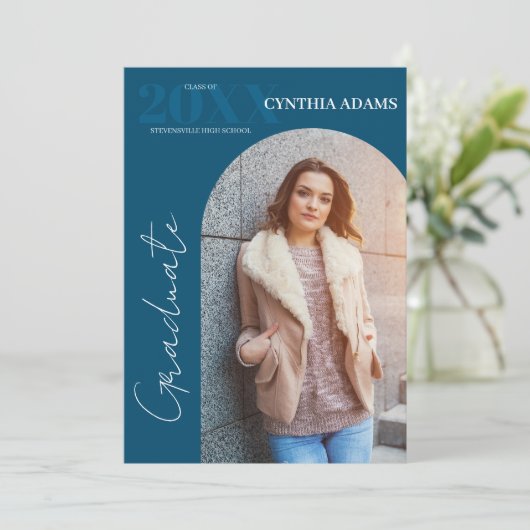 Eenvoudig Modern Arch Foto Blauw Afstuderen Aankondiging (Staand voorkant)
