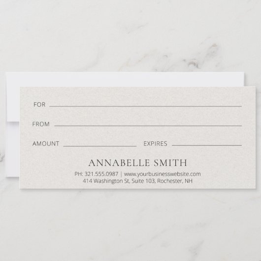 Eenvoudig modern beige legant cadeaubon (Achterkant)