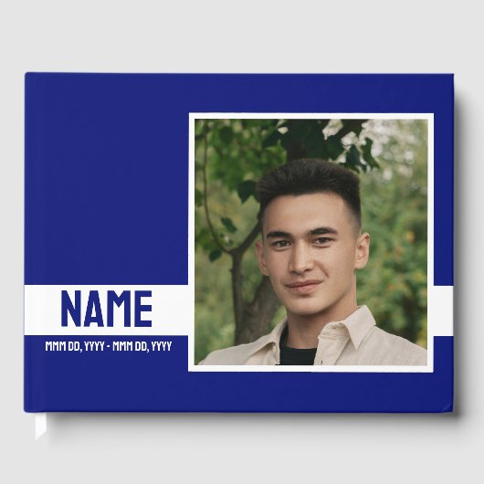 Eenvoudig Modern Blauw 2 Foto Viering van het Leve Gastenboek (Voorkant)