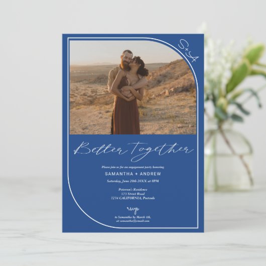 Eenvoudig modern blauw 2 foto's verloving aankondiging (Staand voorkant)