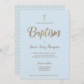 Eenvoudig Modern Blauw Goud Kruis Doop Kaart (Voorkant / Achterkant)