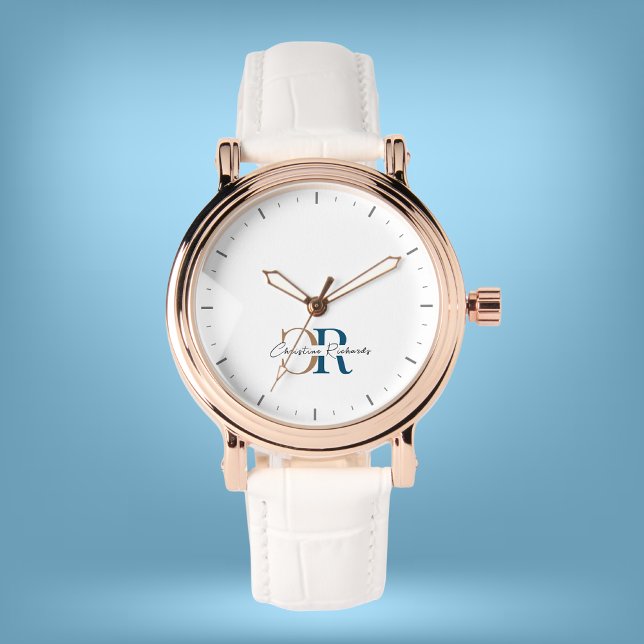 Eenvoudig modern blauw goud monogram horloge (Creator heeft geüpload)