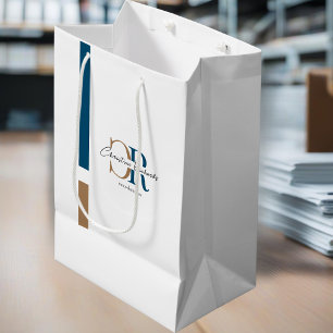 Eenvoudig modern blauw goud monogram medium cadeauzakje