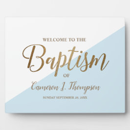 Eenvoudig modern blauw goudkalligrafie-baby Baptis Fotoplaat
