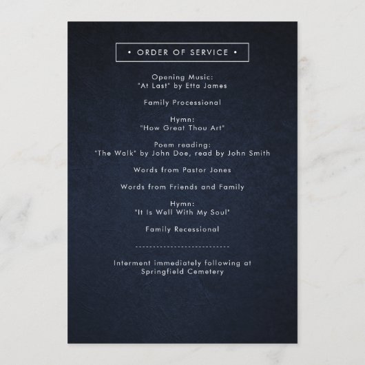 Eenvoudig Modern Blauw & Wit Begrafenisprogramma Programmakaart (Achterkant)