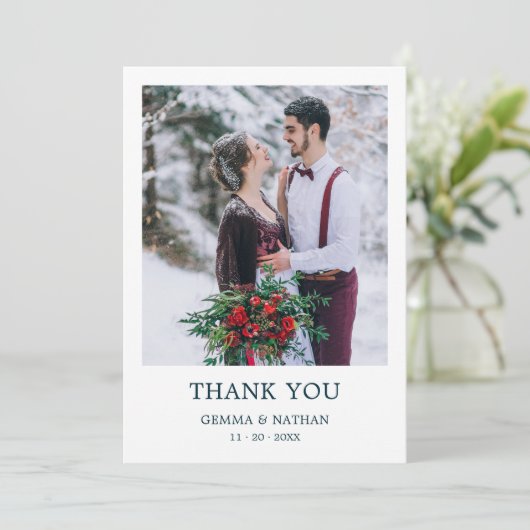 Eenvoudig Modern Blauwgroen 1 foto bruiloft dank u Bedankkaart (Staand voorkant)