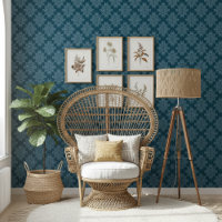Eenvoudig Modern Bloemen Damast Patroon Donkerblau
