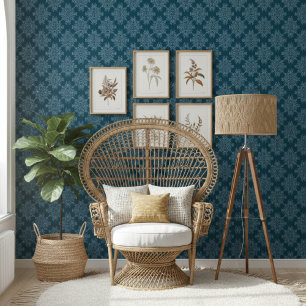 Eenvoudig Modern Bloemen Damast Patroon Donkerblau Behang