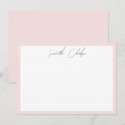 Eenvoudig modern Blush Roze rand handgeschreven sc Notitiekaartje (Voorkant / Achterkant)