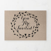 Eenvoudig modern Boho Black Leaf Wreath Wedding Drieluik Uitnodiging (Cover)