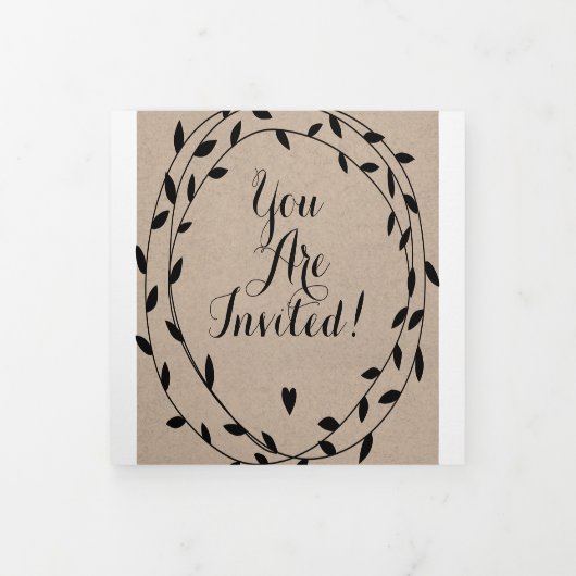 Eenvoudig modern Boho Black Leaf Wreath Wedding Drieluik Uitnodiging (Cover)