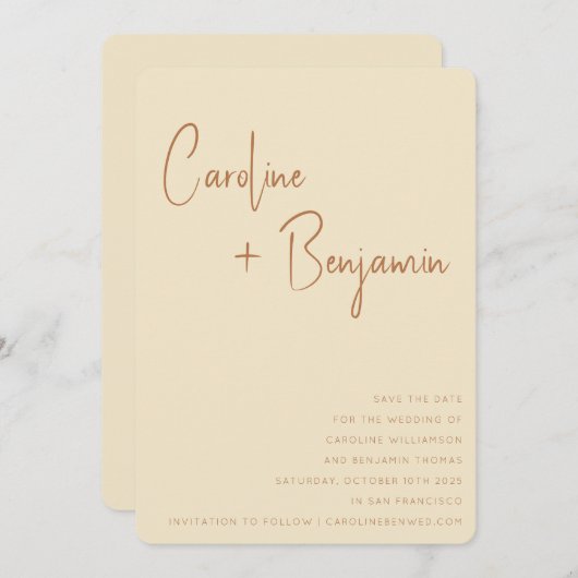 Eenvoudig modern Boho Terracotta Cream Weddenschap Save The Date (Voorkant / Achterkant)