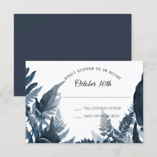 Eenvoudig Modern Bosvaren Blauw en Wit RSVP Kaart