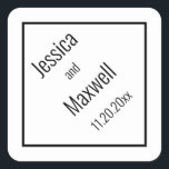 Eenvoudig modern BW Diamond Weddenschap Geometric Vierkante Sticker<br><div class="desc">Eenvoudig,  elegant en modern diamantvormig,  geometrisch ontwerp met namen en trouwdatum onder een hoek van 45 graden. Alle kleuren kunnen worden gewijzigd zoals gewenst. Design by Holiday Hearts Design (gereserveerde rechten).</div>
