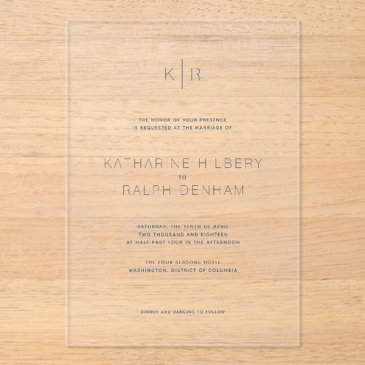 Eenvoudig Modern Clear Navy Blue Lettering Wedding Acryl Uitnodigingen (Voorkant)