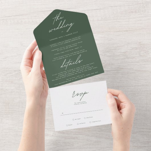 Eenvoudig Modern Dark Moss Green Wedding All In One Uitnodiging (Afscheurbaar)