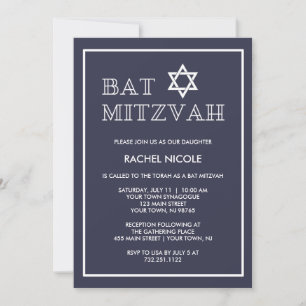 Eenvoudig modern donkerblauw en wit bat Mitzvah Kaart