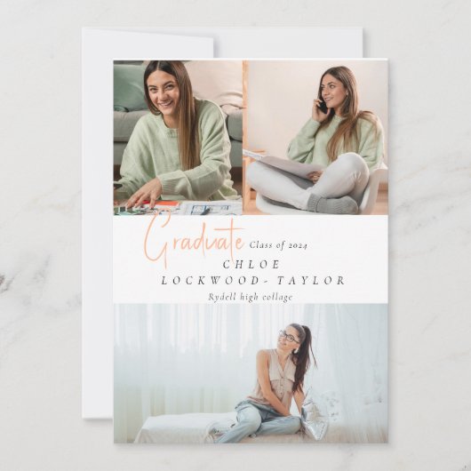 Eenvoudig modern drie foto perzik afstuderen kaart (Voorkant)