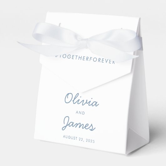 Eenvoudig Modern Dusty Blue Script Wedding Hashtag Bedankdoosjes (Voorkant Zijde)