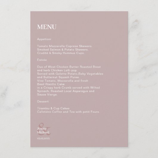 Eenvoudig modern Dusty Roos Witte bruiloft Menu (Voorkant)