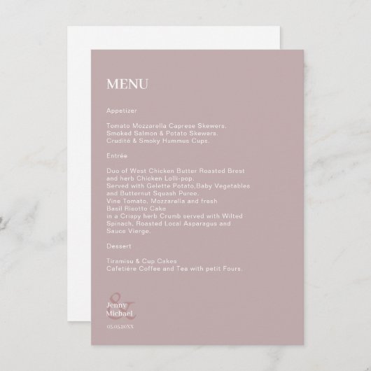 Eenvoudig modern Dusty Roos Witte bruiloft Menu (Voorkant / Achterkant)